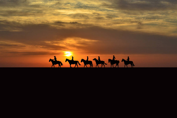 Silhouettes cavalier au coucher du soleil
 - Photo, image