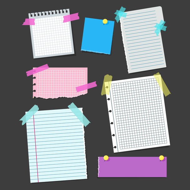 Realistic Blank Note Color Paper with Color Sticky Tape Set. Vector - Vetor, Imagem