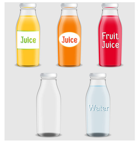 Juice products ad. Vector 3d illustration. Bottles template design. Fruit juice brand packages advertisement poster layout. Full and empty glass bottles - Vecteur, image