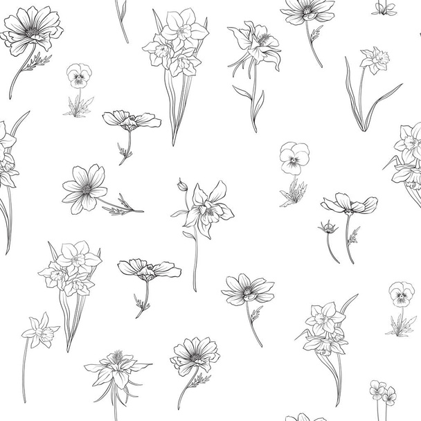 Outline floral seamless pattern with flowers in vintage style. S - Vektor, obrázek