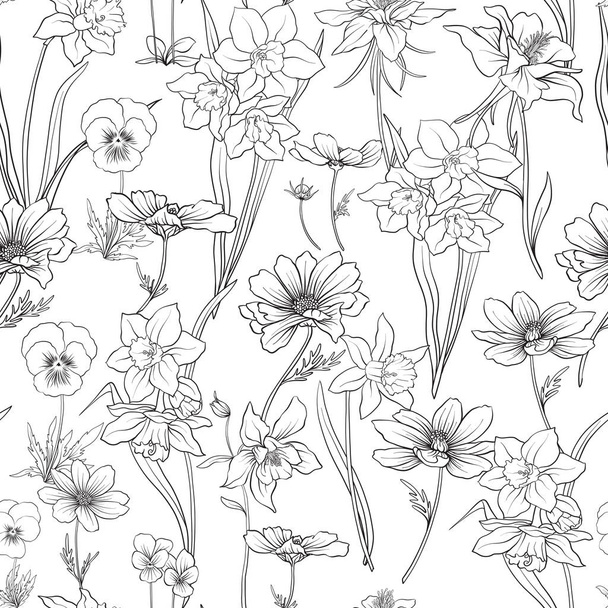 Outline floral seamless pattern with flowers in vintage style. S - Вектор,изображение