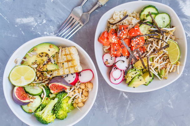 healthy lunch, buddha salad bowl and ahi poke. - Fotó, kép