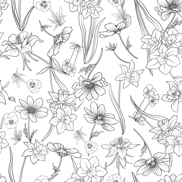 Outline floral seamless pattern with flowers in vintage style. S - Vecteur, image