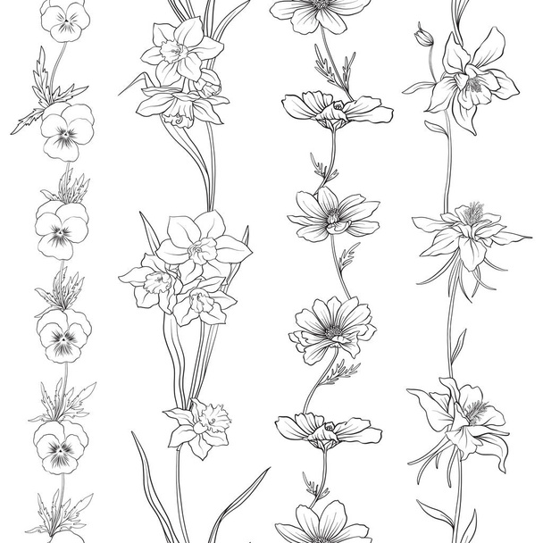 Outline floral seamless pattern with flowers in vintage style. S - Vektör, Görsel