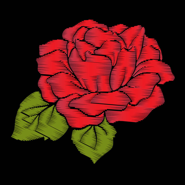 Embroidery red rose with green leaves on black background. Stock - Vector, afbeelding