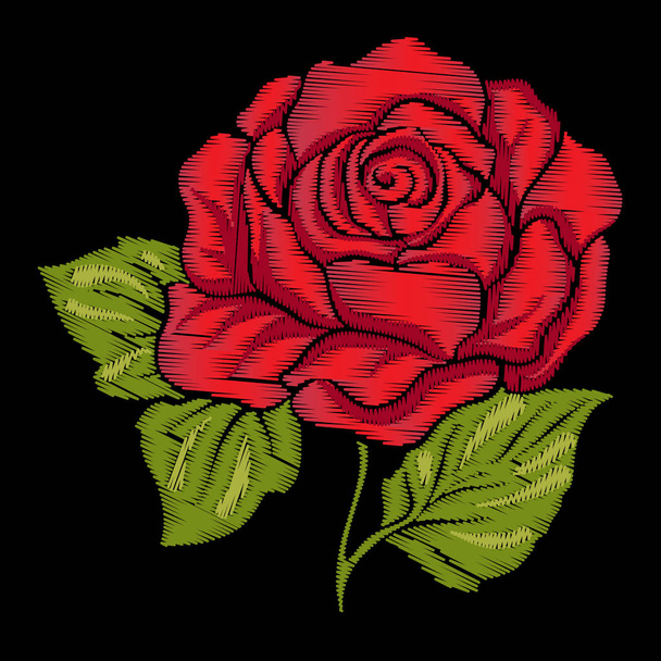 Embroidery red rose with green leaves on black background. Stock - Vektor, kép