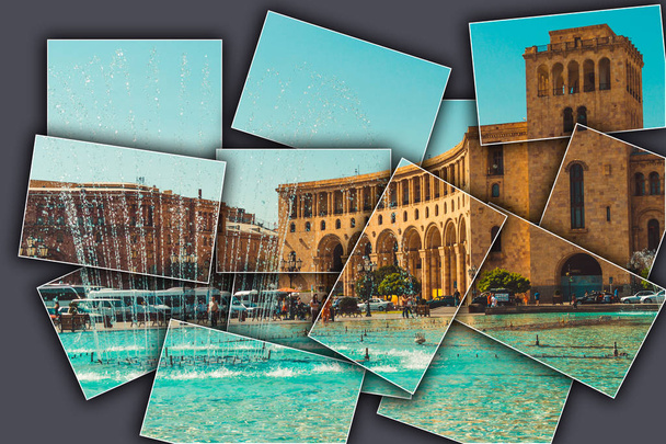 Kolaj gri arka plan dans çeşmeler ve Cumhuriyet Meydanı üzerinde mimari kompleks. Turistik mimari landmark. Erivan'da gezi. Şehir turu. Hükümet Binası. Seyahat ve Turizm kavramı - Fotoğraf, Görsel
