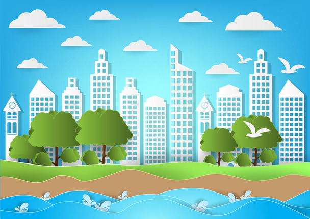 Environnement de la ville avec fond marin et plage. papier art style illustration vectorielle
 - Vecteur, image
