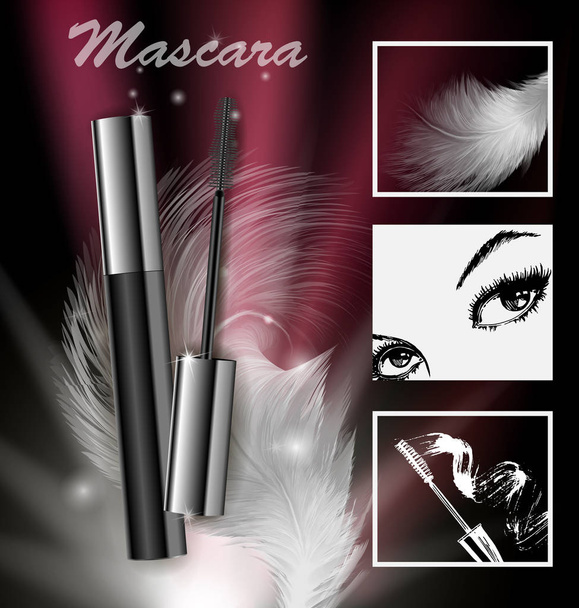 Cosmetics beauty series, ads of premium mascara on a dark background. Template for design posters, placard, logo, presentation, banners, covers, vector . - Vektor, obrázek