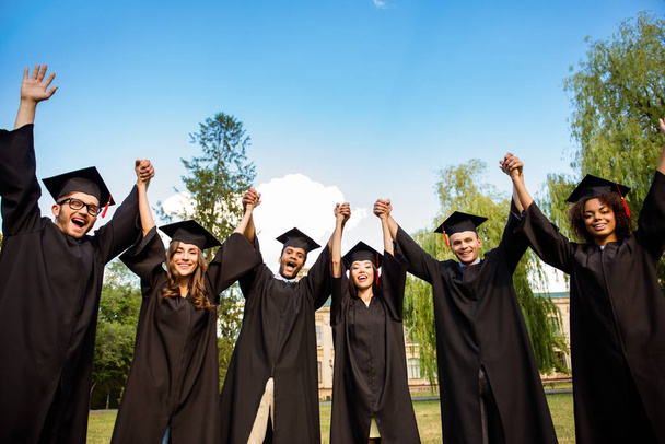 Seis jovens graduados internacionais bem sucedidos em vestes pretas e
  - Foto, Imagem