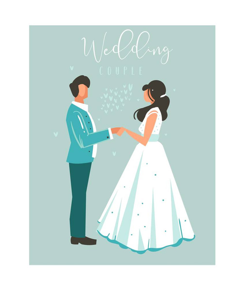 Hand drawn vector abstract cartoon wedding couple illustrations collection element set isolated on blue background - Vector, Image