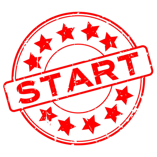 Grunge início vermelho com ícone estrela redonda selo de borracha no fundo branco
 - Vetor, Imagem