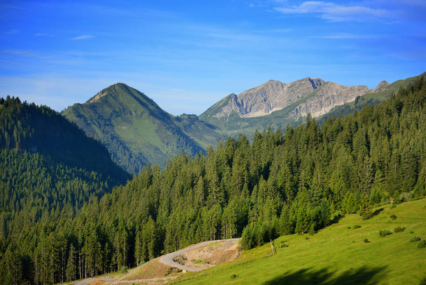 Szép nyári hegyi táj, az Alpokban. Napsütéses reggel - Fotó, kép