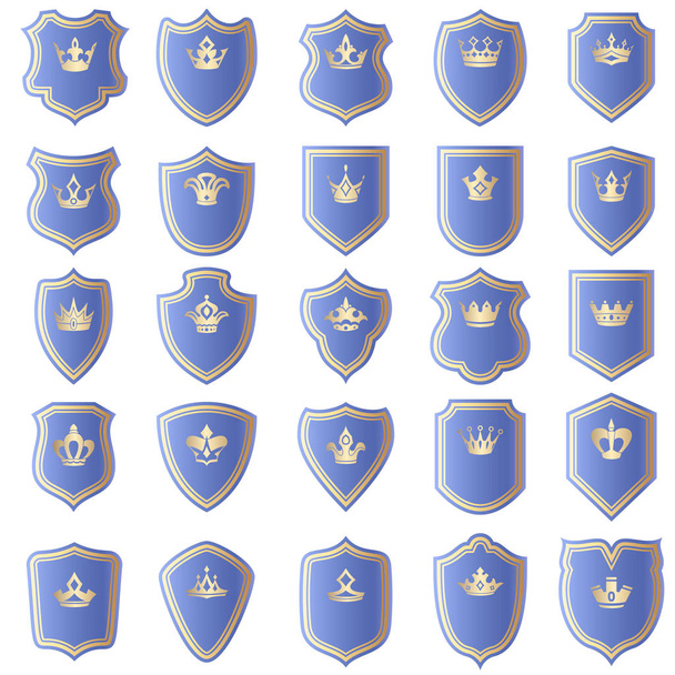 Shield design set with various shapes of crowns - Διάνυσμα, εικόνα