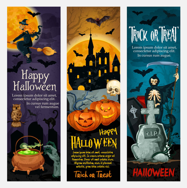 fröhliches Halloween-Banner mit Geist und Kürbis - Vektor, Bild