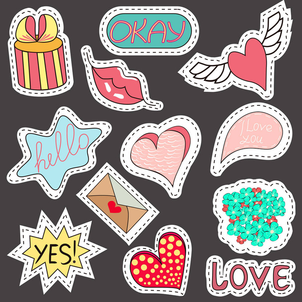 Sketch comics Set of stickers with hearts, speech bubbles, text cool, love, lightning, lips, rings, sunglasses. Girlish fashion elements in bright colors. Comic style. Fashion patch badges - Vector, Image