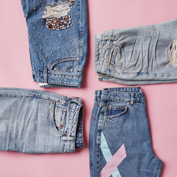 Flat Lay Shot Of Vintage Denim Jeans - Фото, изображение