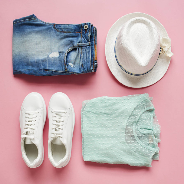 Flat Lay Shot Of Clothing And Accessories - Foto, Imagem