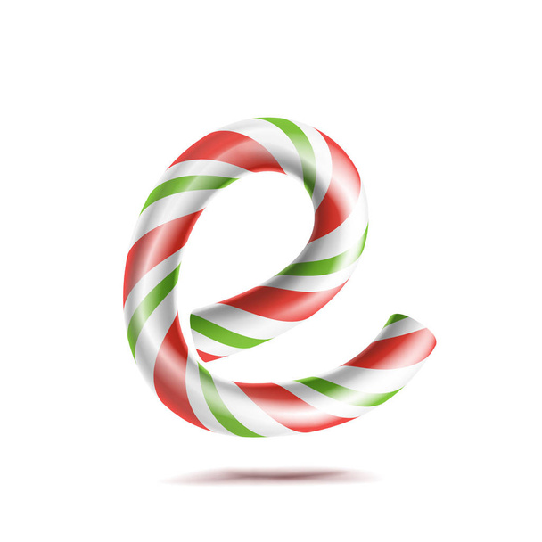 E ベクトル。クリスマス色で 3 d 現実的なキャンディ ・ ケーンのアルファベット記号です。赤のテクスチャを新年の手紙ホワイト。タイポグラフィのテンプレートです。ストライプ クラフト分離オブジェクト。クリスマス アート イラスト - ベクター画像