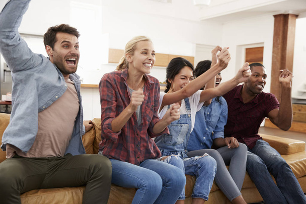 Friends Watching Television And Cheering - Photo, image