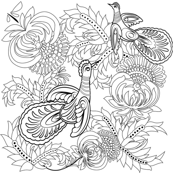Tropical wild birds and flowers. Coloring book for adult and older children. Coloring page. Outline vector illustration. - Vetor, Imagem