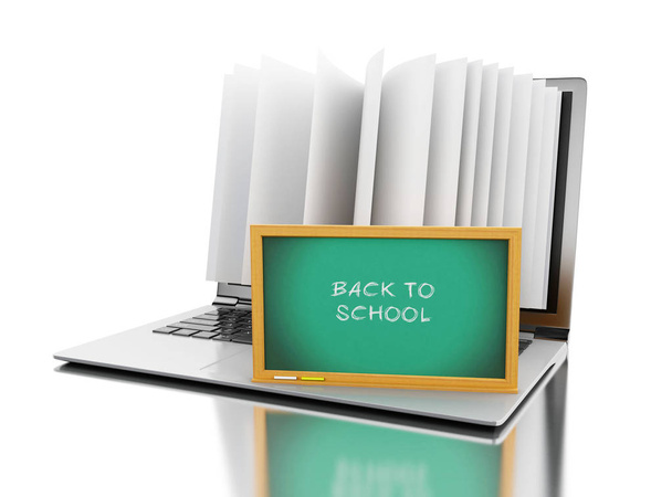 Ordenador portátil 3d con páginas de libros y texto "Volver a la escuela"
 - Foto, imagen