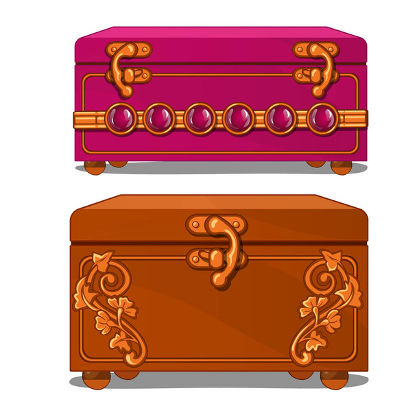 Vintage suitcase with floral pattern and buckles, pink and brown color. Casket, jewelry box or travel bag concept image in cartoon style. Vector illustration isolated on white background - Vektor, obrázek