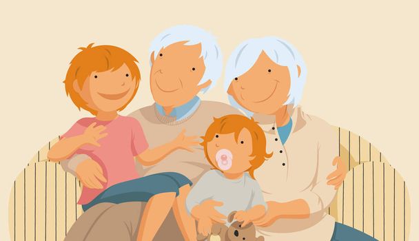 Abuelos y nietos, Retrato familiar, Pareja mayor, Vector plano Ilustración
 - Vector, imagen