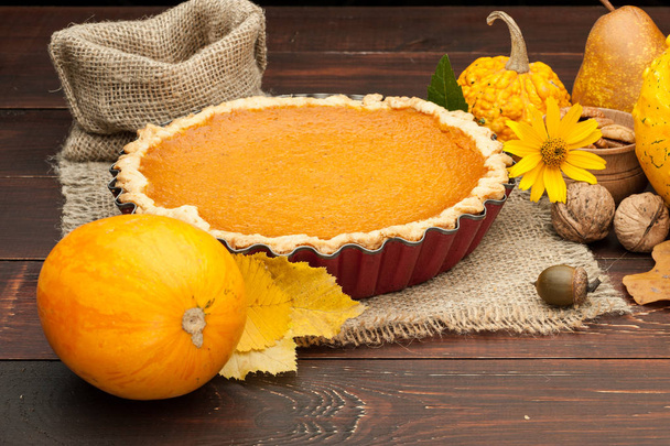 pumpkin homemade pie at wooden background arranged with food ing - Photo, image