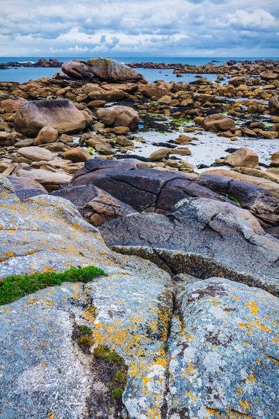 Moss stone and coastline in Brittany (Bretagne), France - Photo, Image