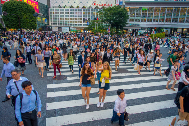 TOKYO, JAPAN JUNE 28 - 2017: Unidentified pedestrians crossing the Shibuya street in Tokyo, Japan. The famous scramble crosswalk is used by over 2.5 million people daily - Foto, immagini