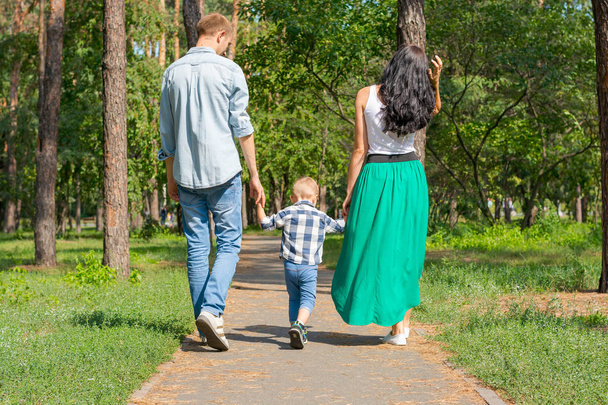 Dad and mom hold their son by the hand and walk along the park r - Valokuva, kuva