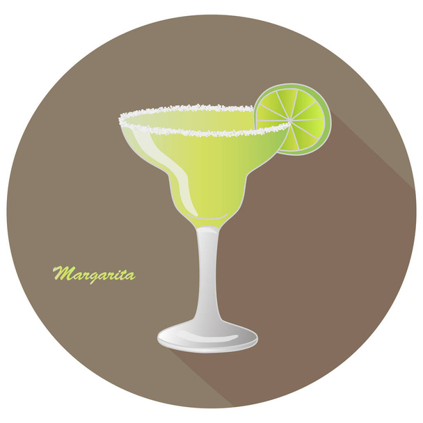 Vektor egy Margarita alkohol és a tequila triple SEC díszítéssel egy citrus lime szelet só peremén margarita üveg, árnyék barna kör koktél  - Vektor, kép