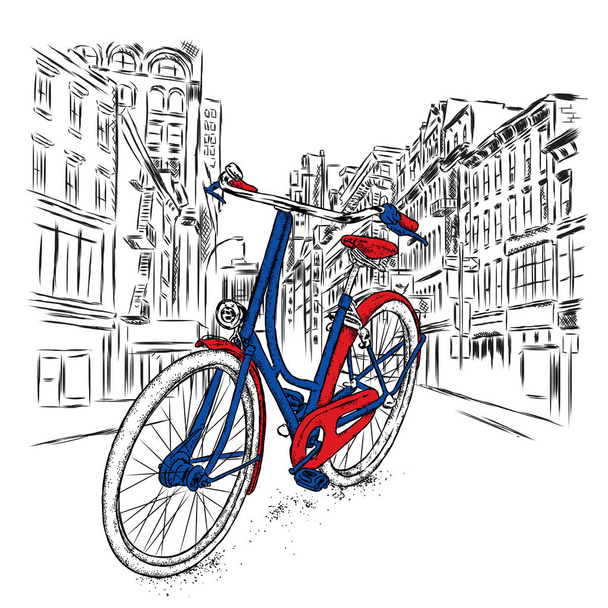 A beautiful bicycle on a city street. Vector illustration. Vintage bicycle. - Vector, Image