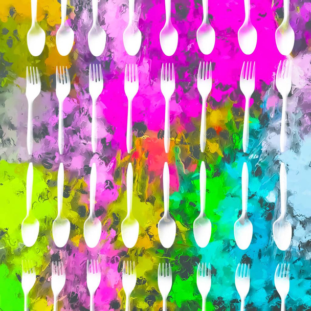 fourchette et modèle de cuillère avec fond abstrait peinture colorée
 - Photo, image