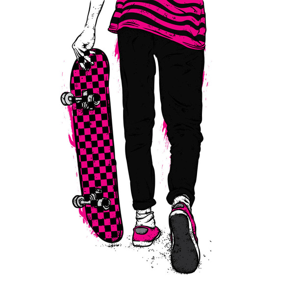 Stylish skater in jeans and sneakers. Skateboard. Vector illustration for a postcard or a poster, print for clothes. Street cultures. - Vektör, Görsel