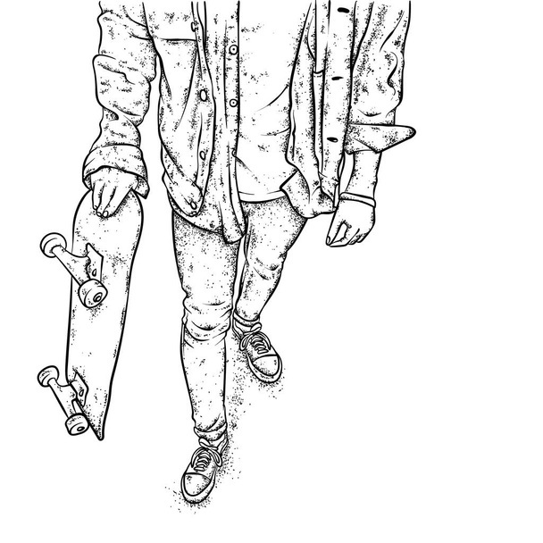 Stylish skater in jeans and sneakers. Skateboard. Vector illustration for a postcard or a poster, print for clothes. Street cultures. - Vettoriali, immagini