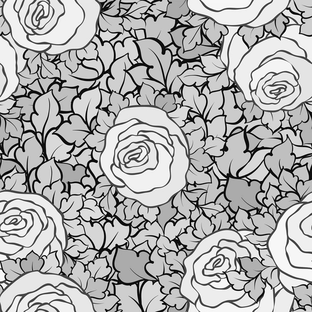 Floral decorative black and white background with cute roses, monochrome seamless pattern - Vecteur, image