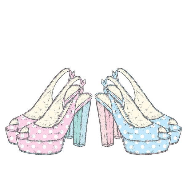 Beautiful female sandals in polka dots. Vector illustration for a postcard or a poster. Fashion & Style. Shoes with high heels. - ベクター画像