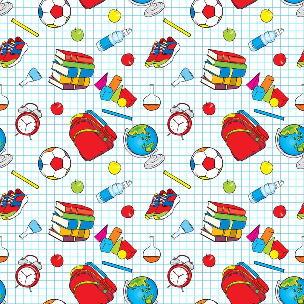A set of beautiful school supplies. Geometric shapes, water with apple, globe, sneakers, ball, alarm clock, books and chemical flasks. Vector illustration for a postcard or a poster. Back to school. - Vetor, Imagem