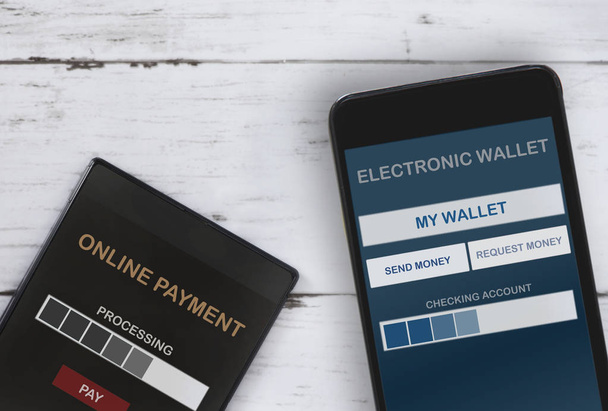 Ηλεκτρονικών πληρωμών και ηλεκτρονικό πορτοφόλι εφαρμογή smartphone στην οθόνη - Φωτογραφία, εικόνα
