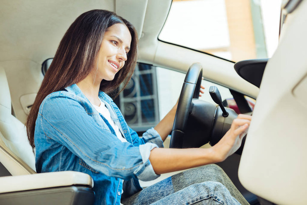 Potěšen, milá žena sedí za volantem - Fotografie, Obrázek