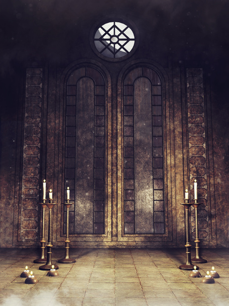 燭台とゴシック様式の地下聖堂 - 写真・画像