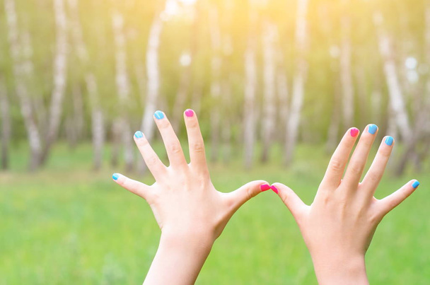 Frauenhände mit lackierten Nägeln, vor dem Hintergrund der Natur, Sonnenlicht - Foto, Bild