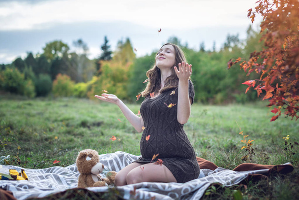 La mujer embarazada con la barriga se sienta sobre la manta y arroja las hojas amarillas. Concepto de embarazo y armonía otoñal
 - Foto, Imagen