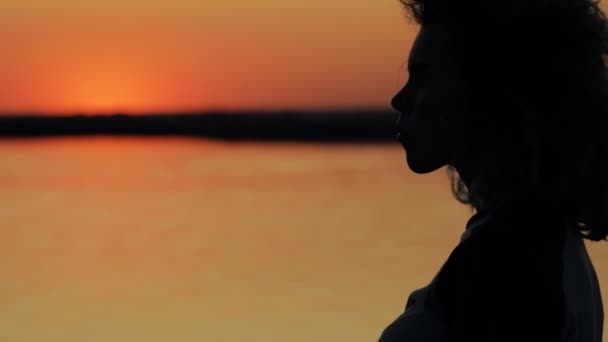 Τέχνη σιλουέτα της γυναίκας πρόσωπο φόντο ποτάμι κόκκινο ηλιοβασίλεμα σε αργή κίνηση - Πλάνα, βίντεο