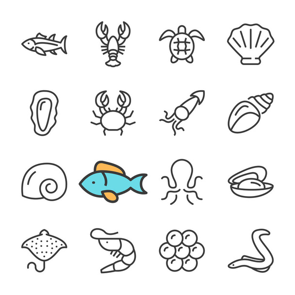 Vector black line Seafood icons set. Includes such Icons as Shrimp, Fish, Crab, caviar. - Vector, Imagen