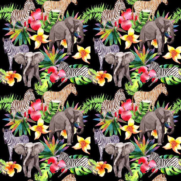Exotic zebra and elephant wild animals pattern in a watercolor style. - Photo, Image