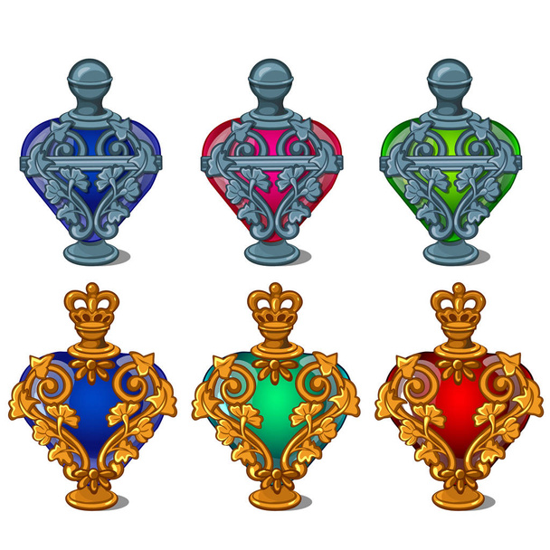 Gold and silver perfume bottles in shape of heart. Red, blue, green vintage vials with golden petal ornament and crown cork. Female stuff, beauty product in cartoon style. Vector isolated on white - Vektör, Görsel