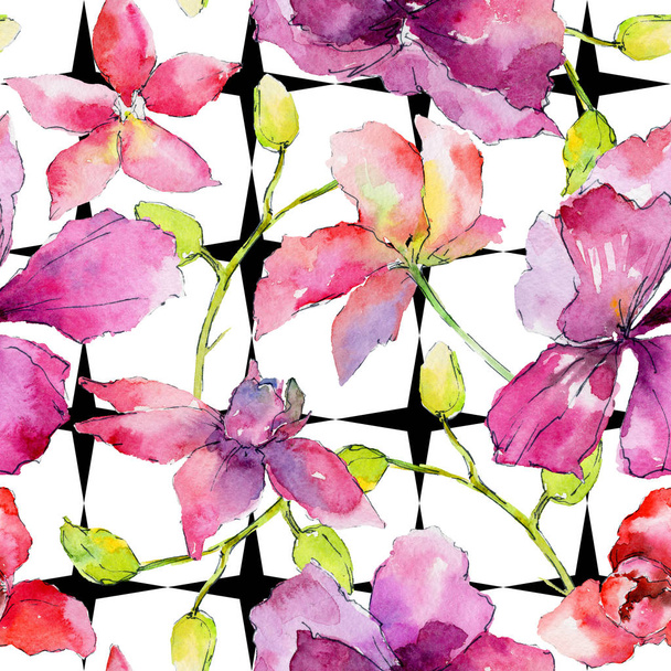 Wildflower orchid flowers pattern in a watercolor style. - Photo, image